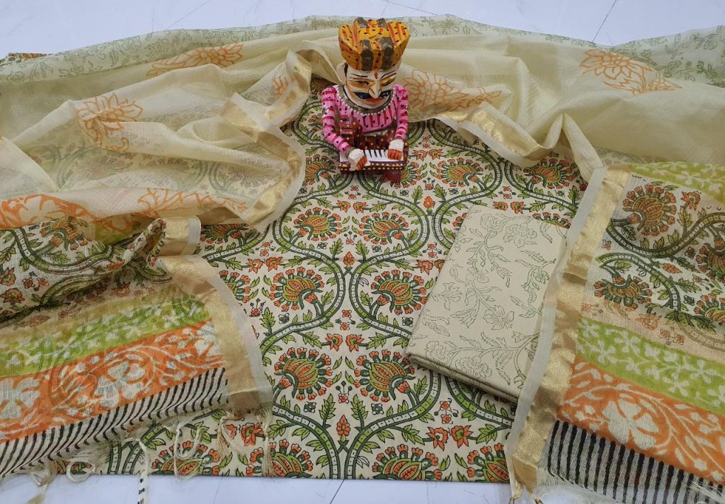 jaipuri Green and Beige Cotton suit with kota silk dupatta