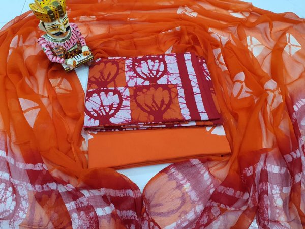 Orange and red Batik print chiffon dupatta salwar kameez Set