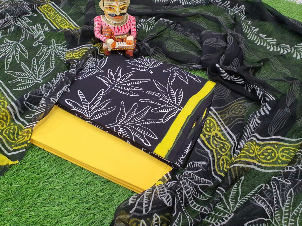 Yellow and black cotton salwar kameez with chiffon dupatta set