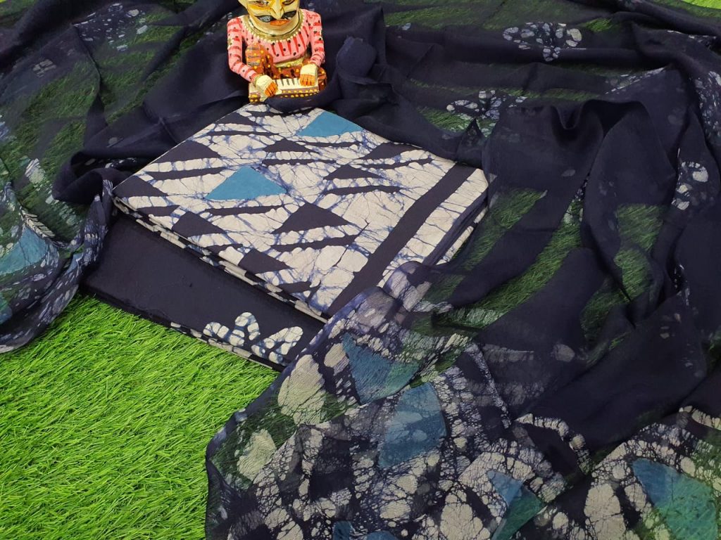 Batik print Blue and White Superior quality cotton salwar kameez with chiffon dupatta