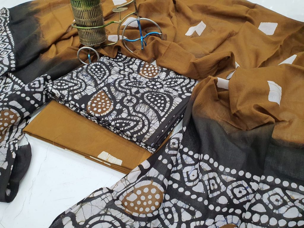 Brown and Black Cotton dupatta suit with salwar Kameez set