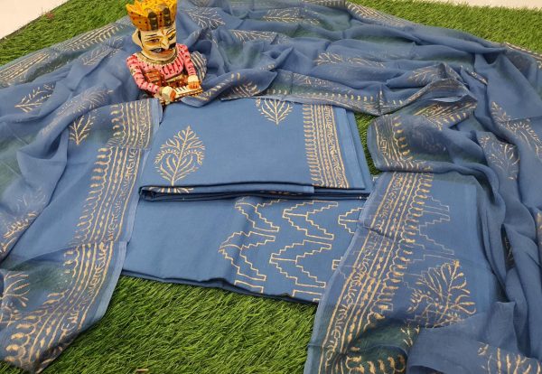 Azure blue cotton salwar kameez with chiffon dupatta set