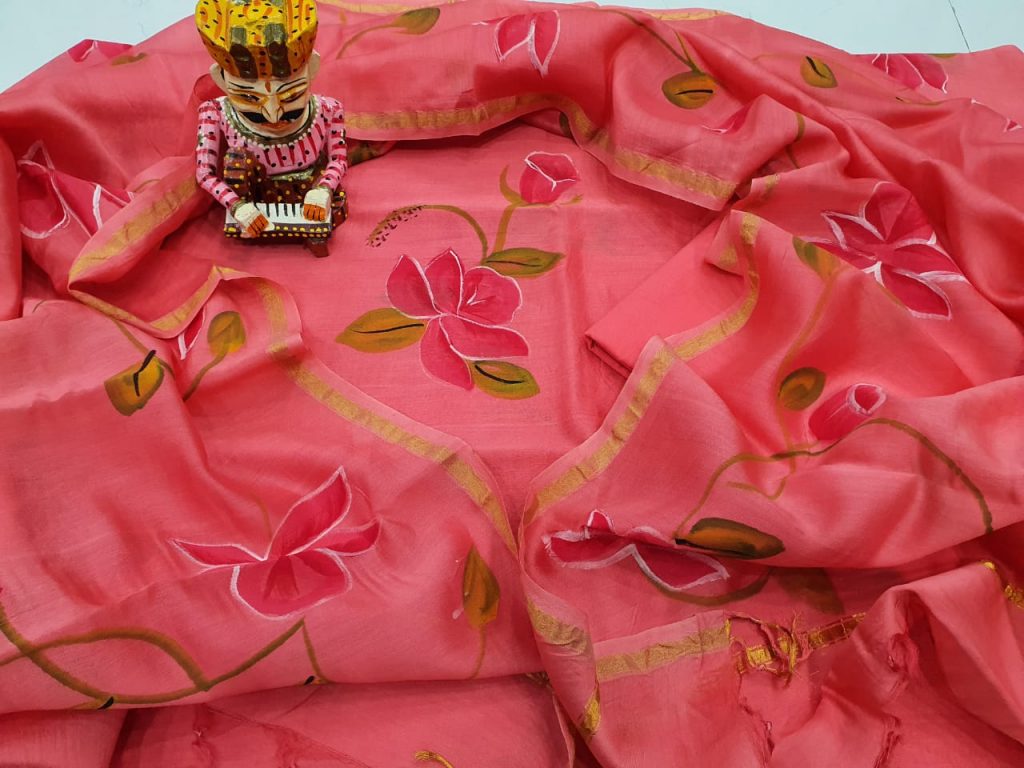 Floral print Red hand brush painted chanderi salwar kameez suit
