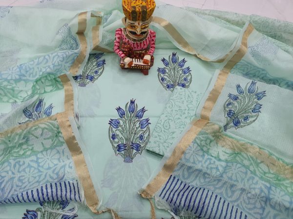 Traditional Cyan Cotton suit with kota silk dupatta