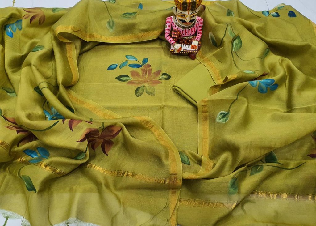 Floral print lime hand brush painted chanderi salwar kameez suit