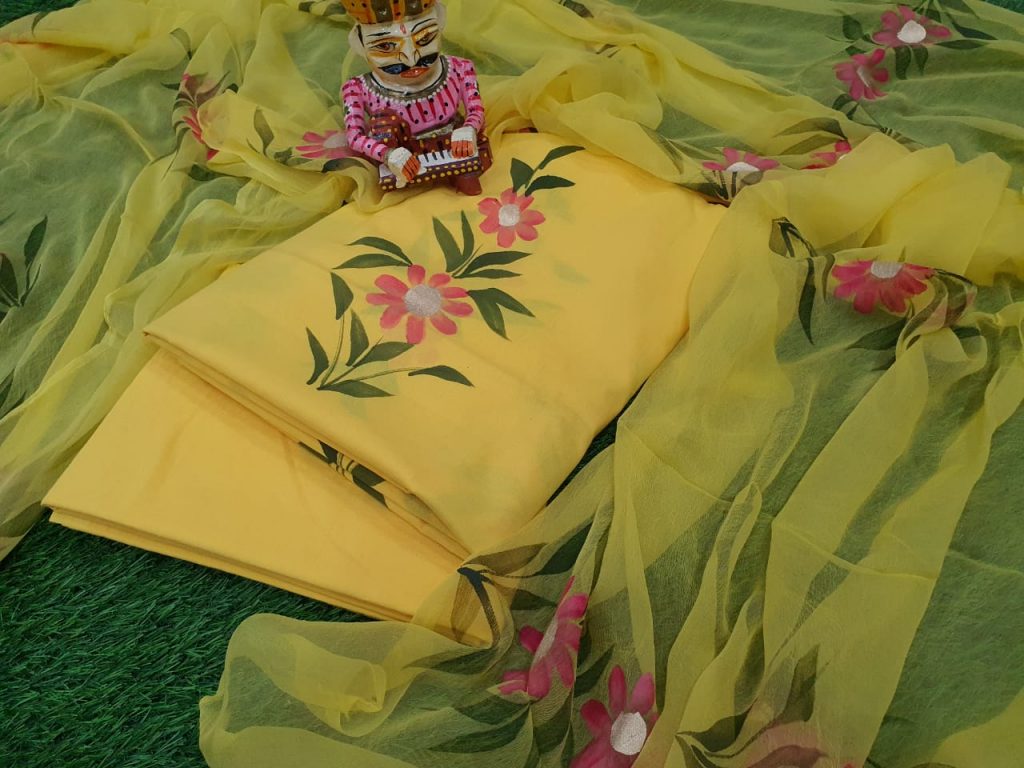 Yellow chiffon dupatta hand painted suit with salwar kameez set