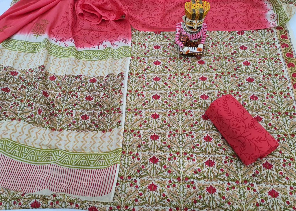 Cherry Red And Champagne cotton dupatta suit set