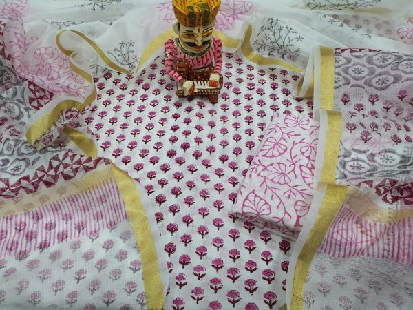 jaipuri Pink floral print Cotton suit kota dupatta