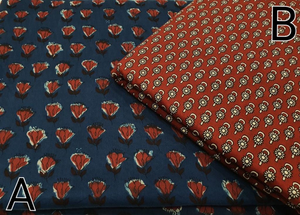 bagru print Prussian blue and Scarlet Cotton running material set