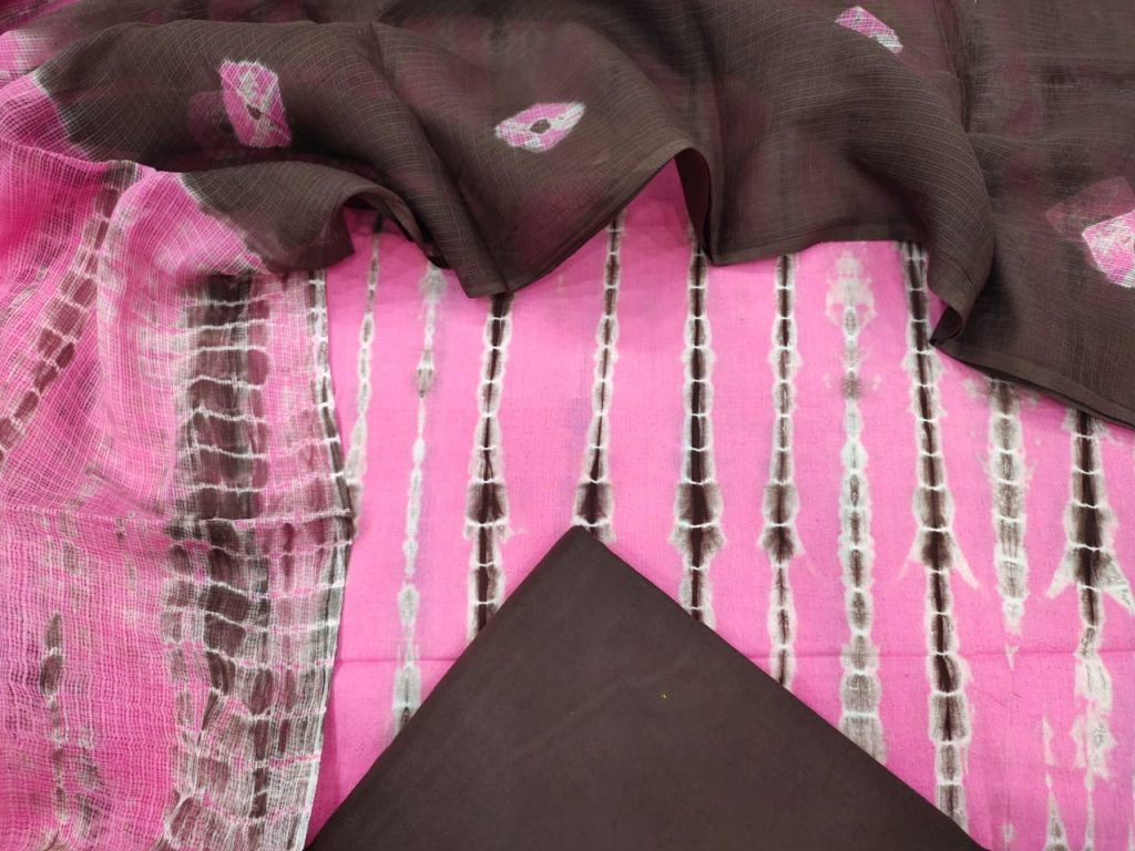Pink and Brown Cotton suit kota doria dupatta for Women