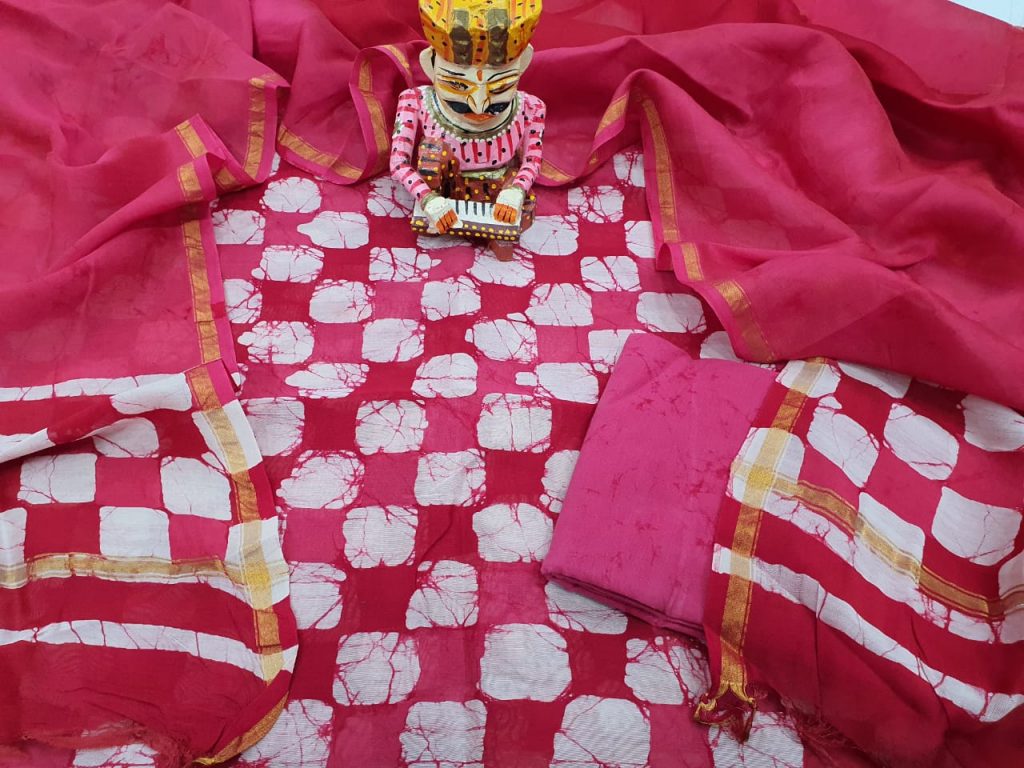 batik print pink and white chanderi suit With salwar kameez set