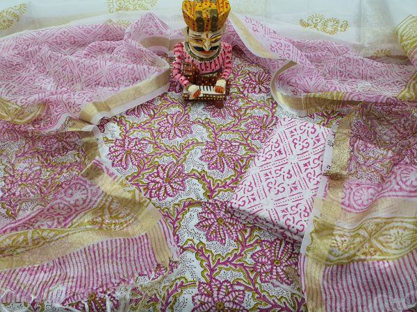 Exclusive Pink Cotton suit kota Silk dupatta