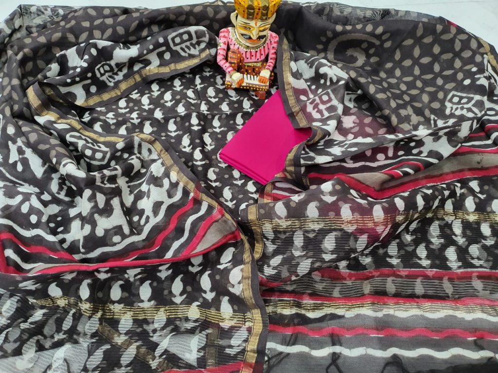 Bagru print pink and black chanderi suit set