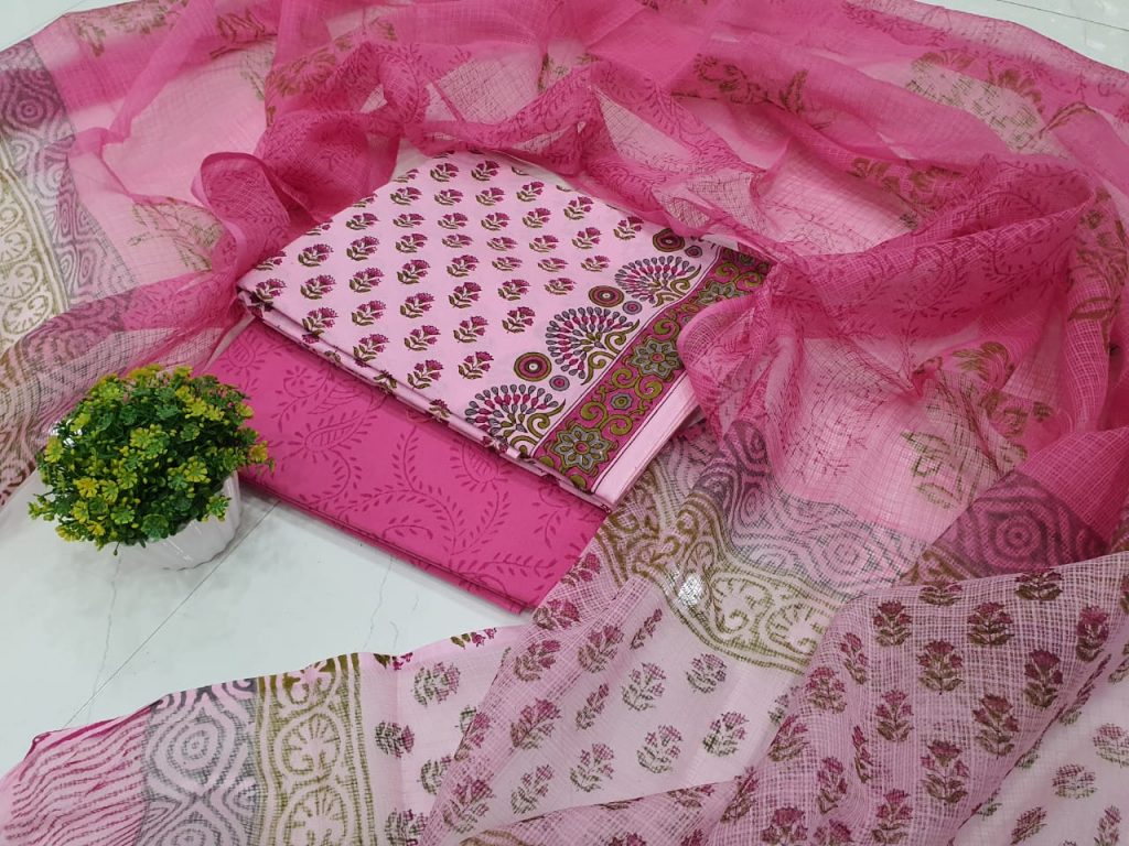 Floral print Pink Cotton suit With kota doria dupatta