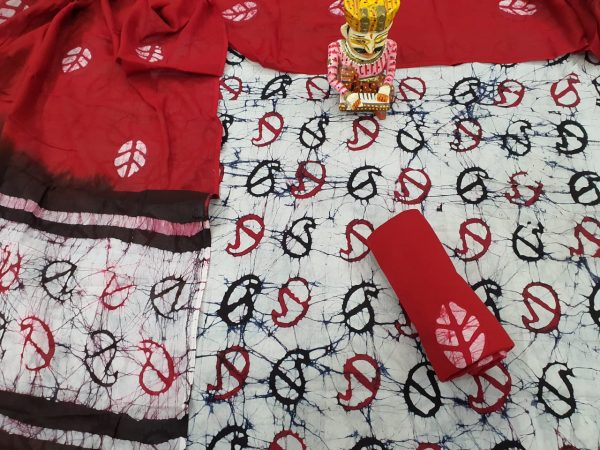 Red and White Batik print cotton suit set With salwar kameez