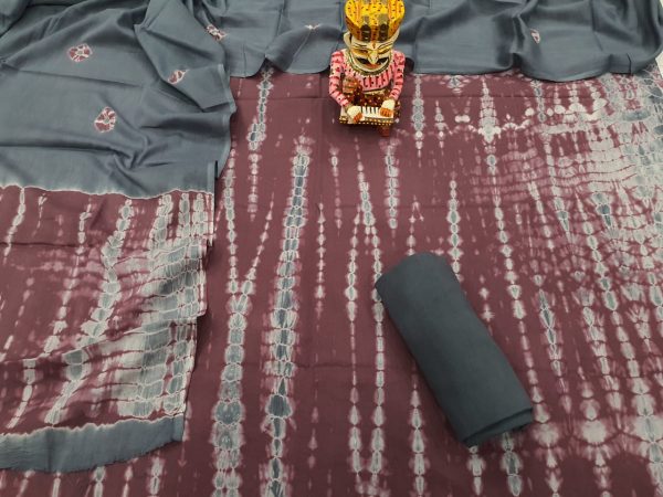 slate gray and maroon Shibori print cotton suit set With salwar kameez