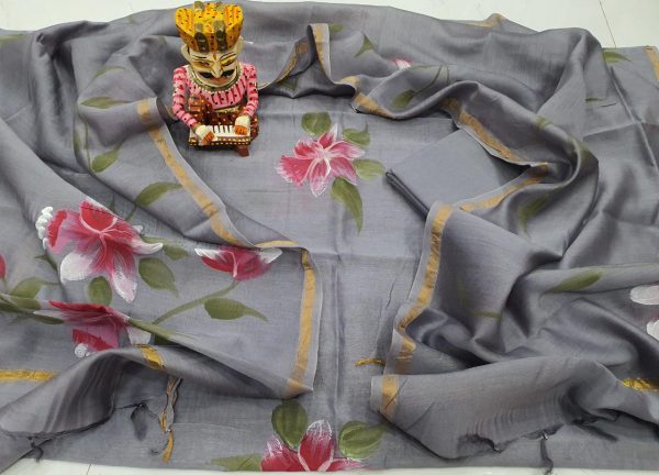 Traditional gray Hand painted chanderi suit set