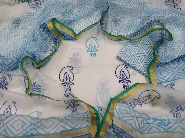 White and Azure blue Cotton suit kota Silk dupatta for Women