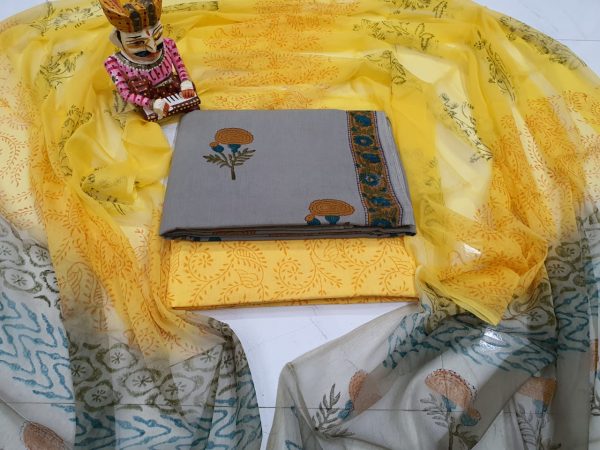 Yellow and slate gray Floral mugal print chiffon dupatta salwar kameez Set