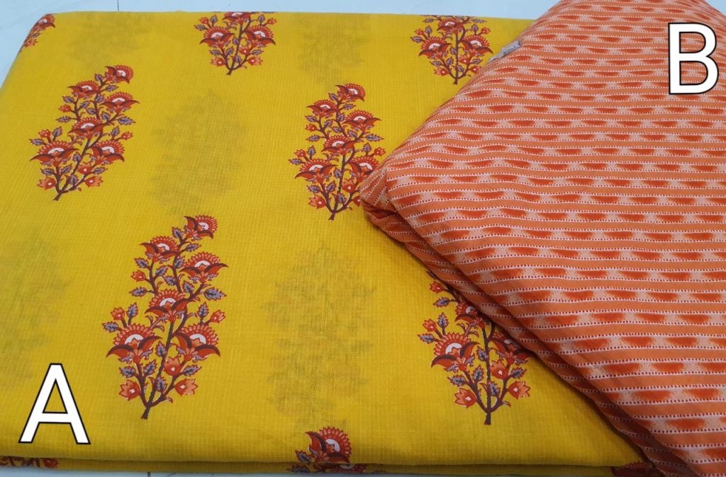 mugal print Yelllow and Orange cotton dress materiel set
