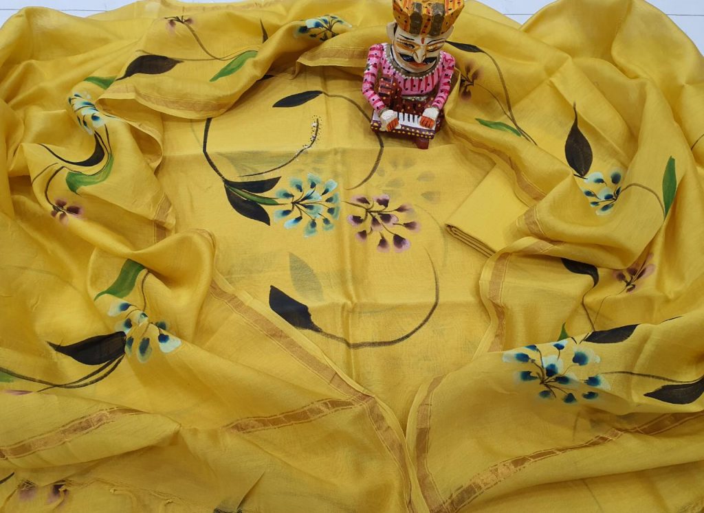 Natural Hand painted Yellow chanderi suit set