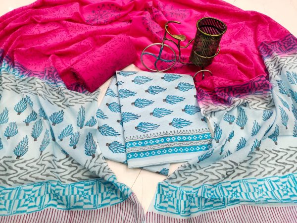 Azure blue and magenta rose Cotton dupatta set for women