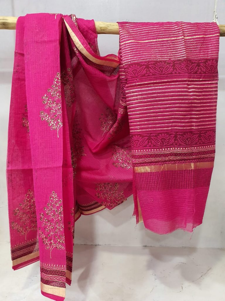 Magenta pink kota doria saree with blouse for ladies