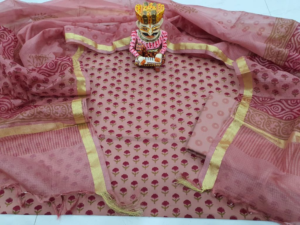 Blush Pink Cotton suit with kota silk dupatta set
