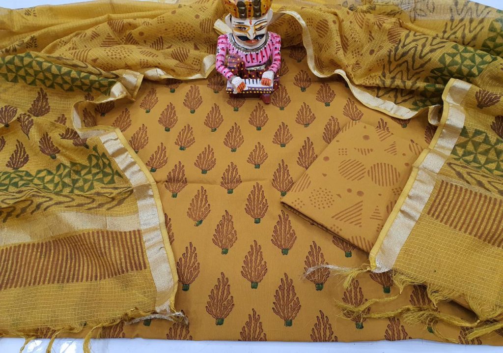 Marigold bagru print pure Cotton suit kota Silk dupatta