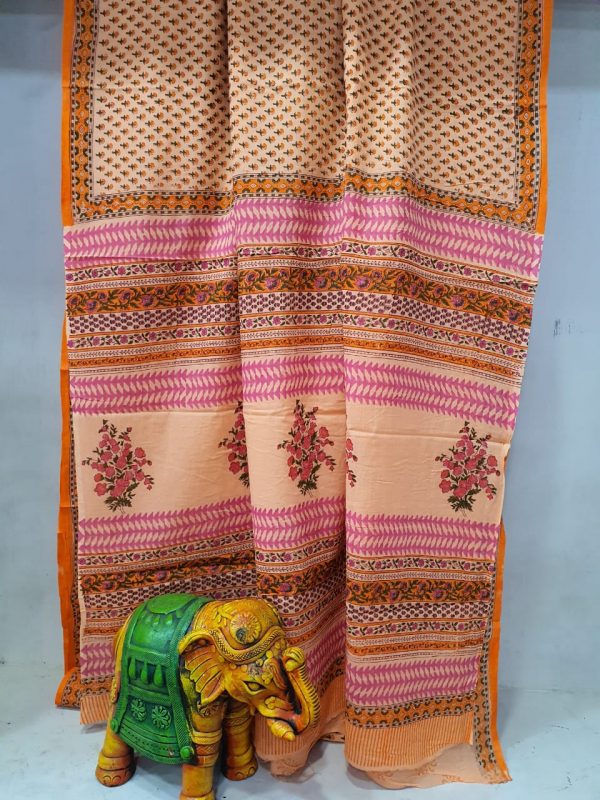 beautiful Apricot And Champagne cotton mulmul saree With blouse
