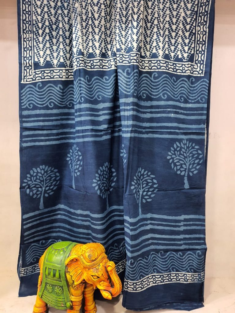 Traditional Indigo blue Cotton mulmul saree with blouse