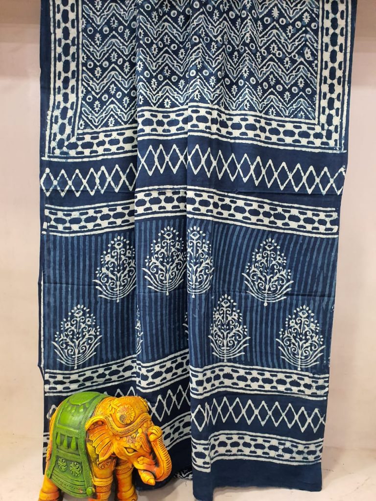 Traditional Blue Indigo Dabu print Pure Cotton mulmul saree