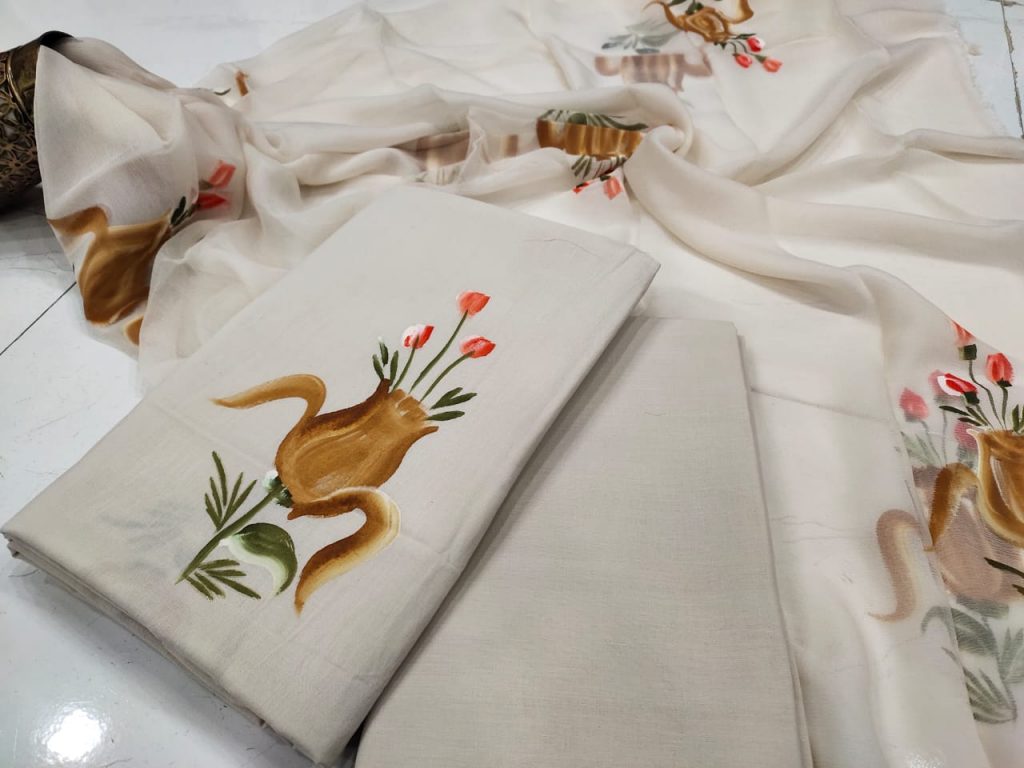White floral mugal hand painted Chiffon dupatta cotton salwar suit set