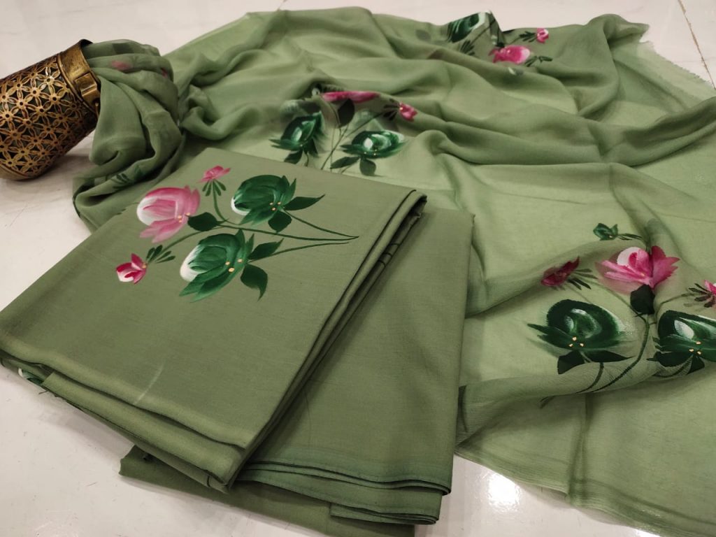 Emerald floral mugal print hand brush painted Chiffon dupatta cotton salwar suit set