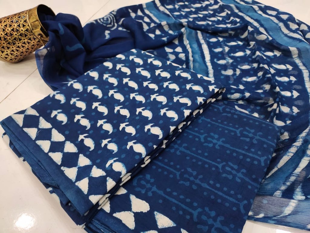 Blue indigo dabu print Chiffon dupatta cotton salwar suit set