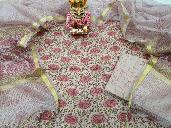 Natural Desert sand floral print pure Cotton suit kota Silk dupatta