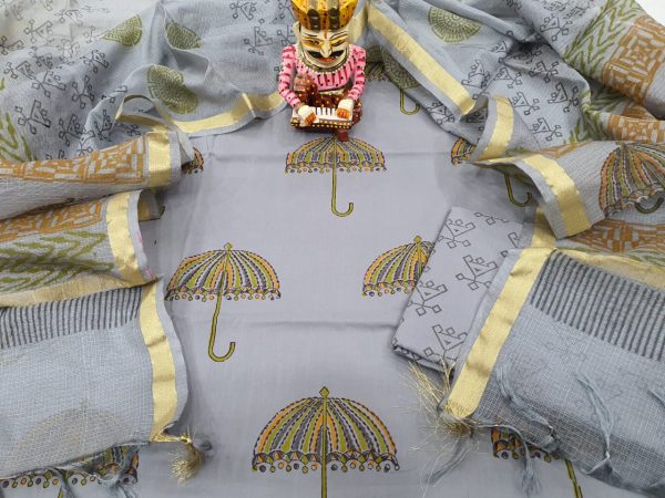 Traditional Silver mugal print pure Cotton suit kota Silk dupatta