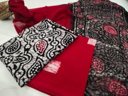 Batik print crimson and black Chiffon dupatta cotton salwar suit set