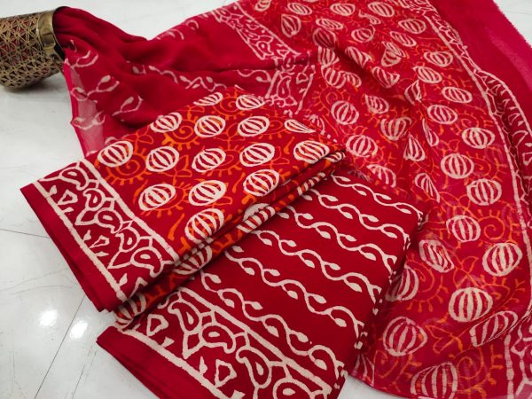 Red Chiffon dupatta cotton salwar suit set