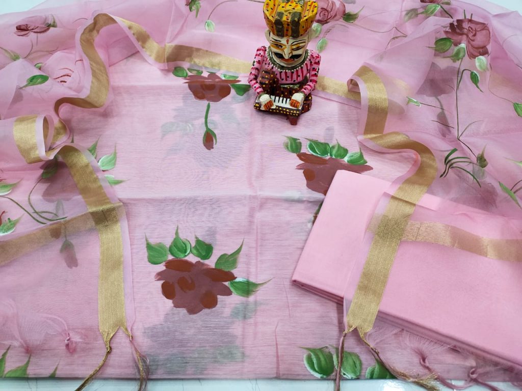 Pink Hand painted floral mugal print chanderi silk suit with organza dupatta