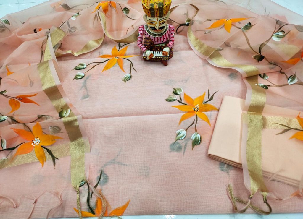 Apricot floral print hand brush painted organza dupatta suit set