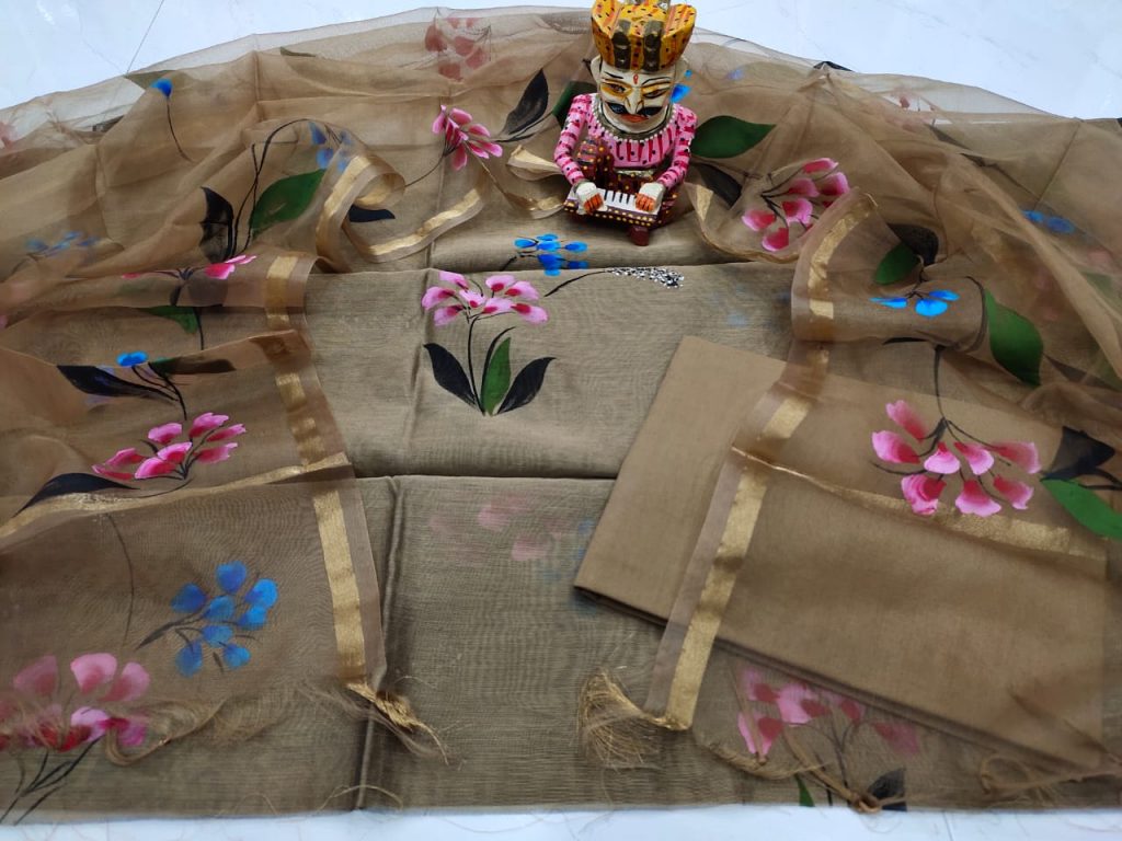 Floral print Hand painted Brown chanderi silk suit with organza dupatta
