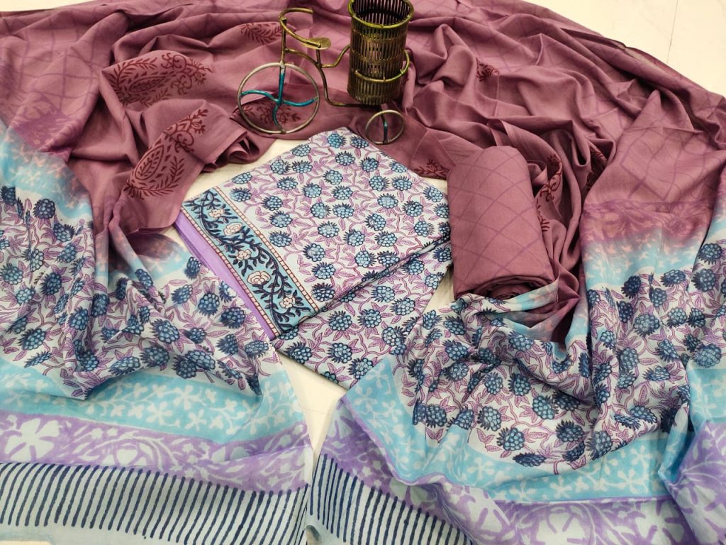 Blush and baby blue cotton dupatta set for ladies
