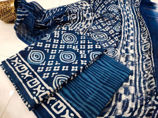 beautiful Indigo blue Chiffon dupatta cotton salwar suit set