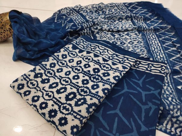 Indigo blue Chiffon dupatta pure cotton salwar suit set