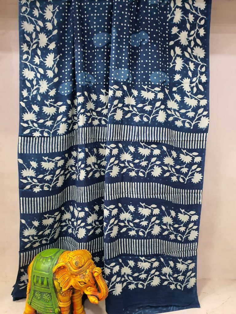 Blue Indigo dabu print Cotton mulmul saree with blouse