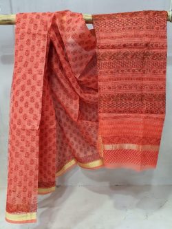 Bagru print Orange - red kota doria saree With blouse