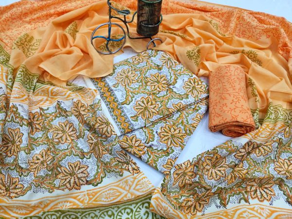 orange floral print cotton suit set for women