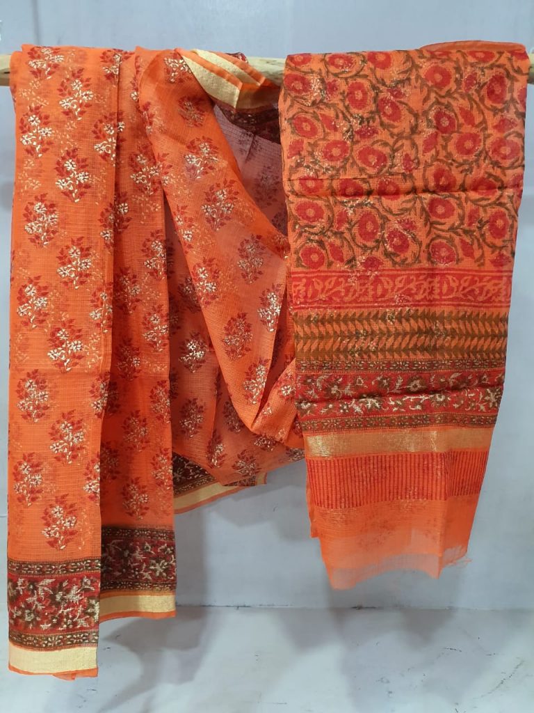 Bagru print orange kota doria saree with blouse for ladies