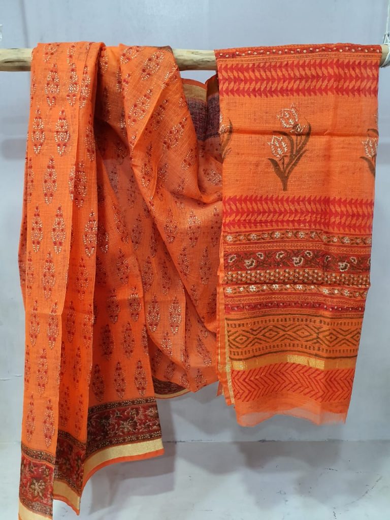 Bagru print orange floral print kota doria saree with blouse for ladies